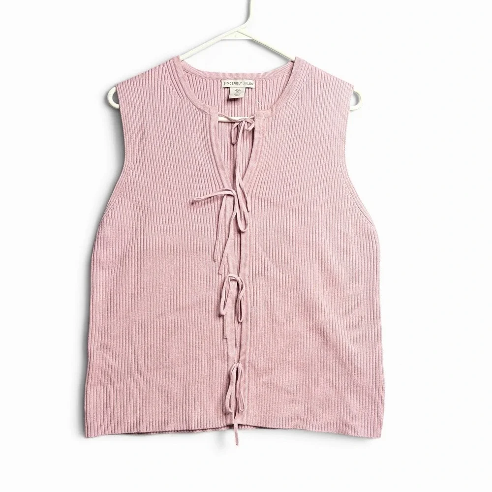Sincerely Jules Pink Sleeveless Cardigan L Ties Ribbed Feminine Preppy Boho Soft